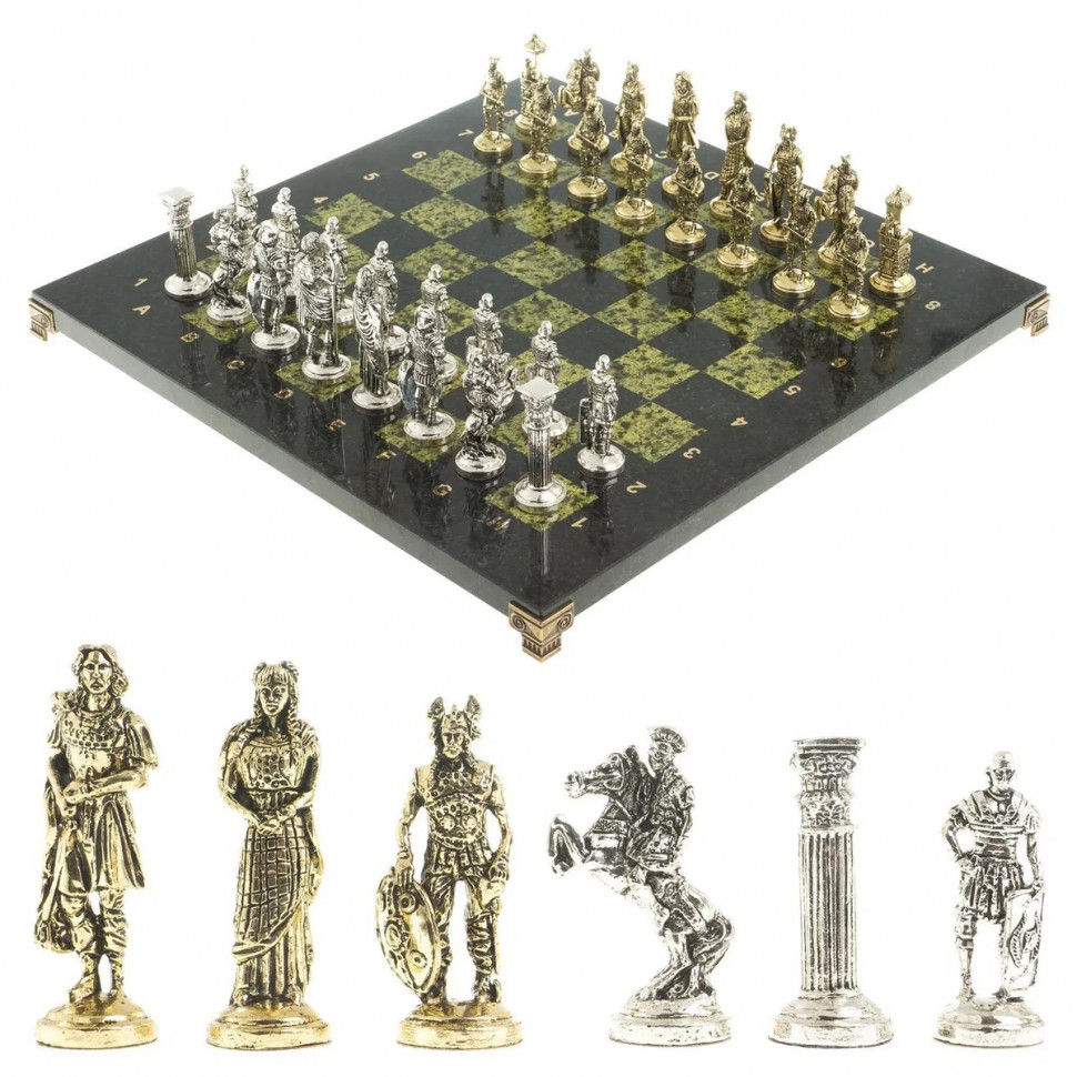 Шахматы подарочные каменные с металлическими фигурами Римляне змеевик 40 см фото 1 — hichess.ru - шахматы, нарды, настольные игры