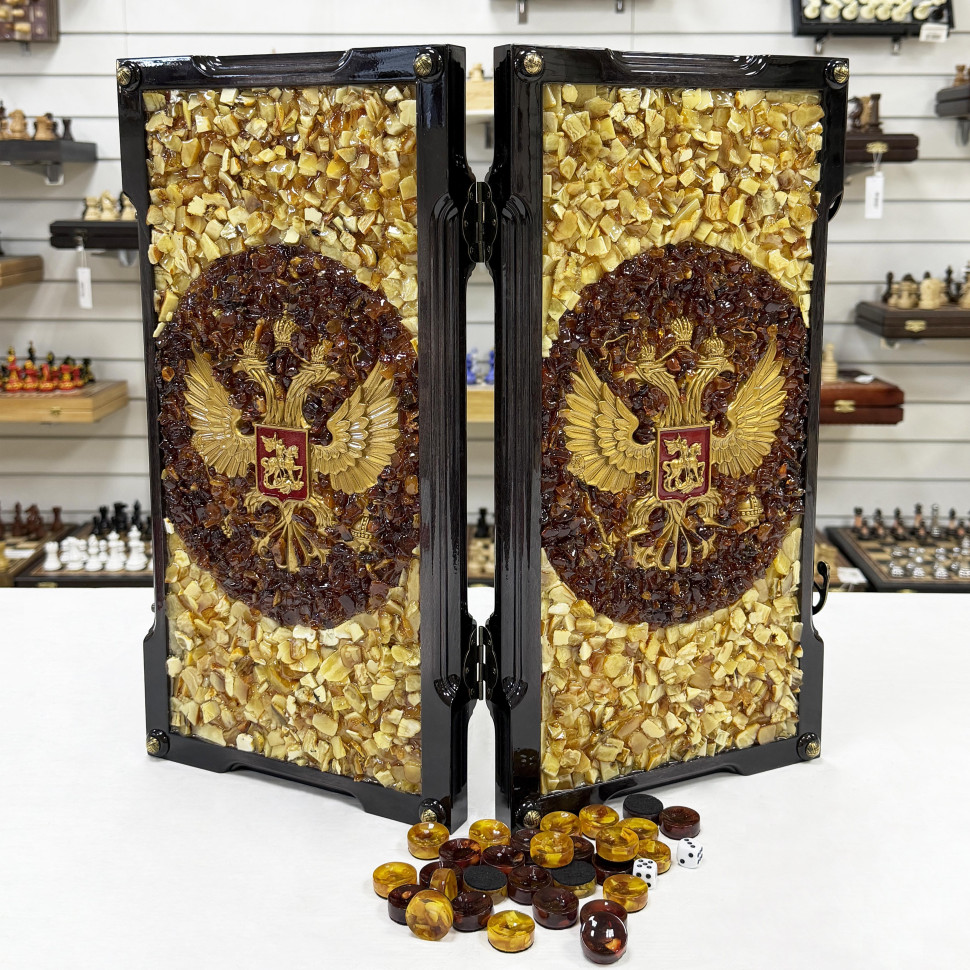 Нарды из янтаря Герб РФ эксклюзивные средние 46 см светлые фото 1 &mdash; hichess.ru - шахматы, нарды, настольные игры