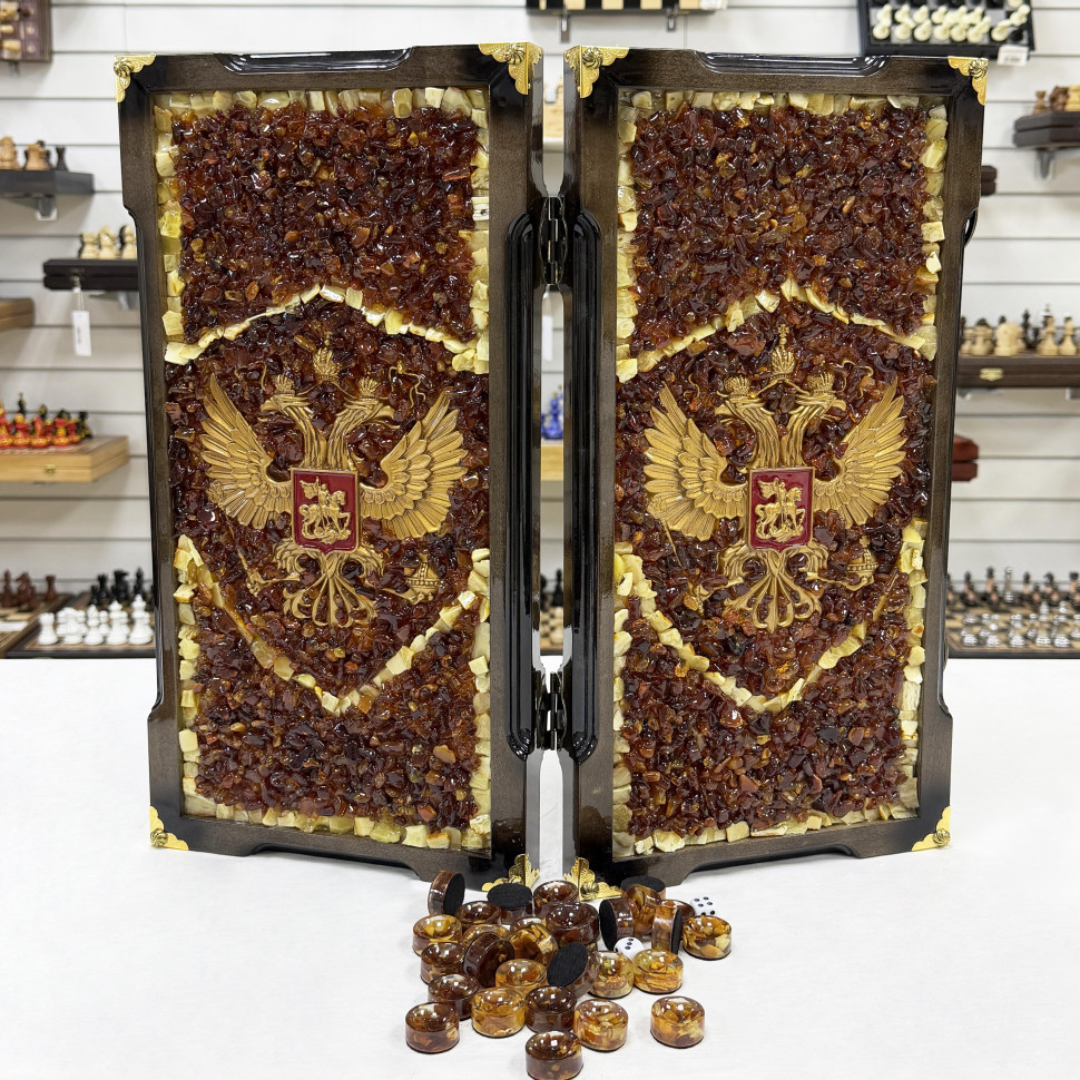 Нарды из янтаря Герб РФ эксклюзивные средние 46 см темные фото 1 &mdash; hichess.ru - шахматы, нарды, настольные игры