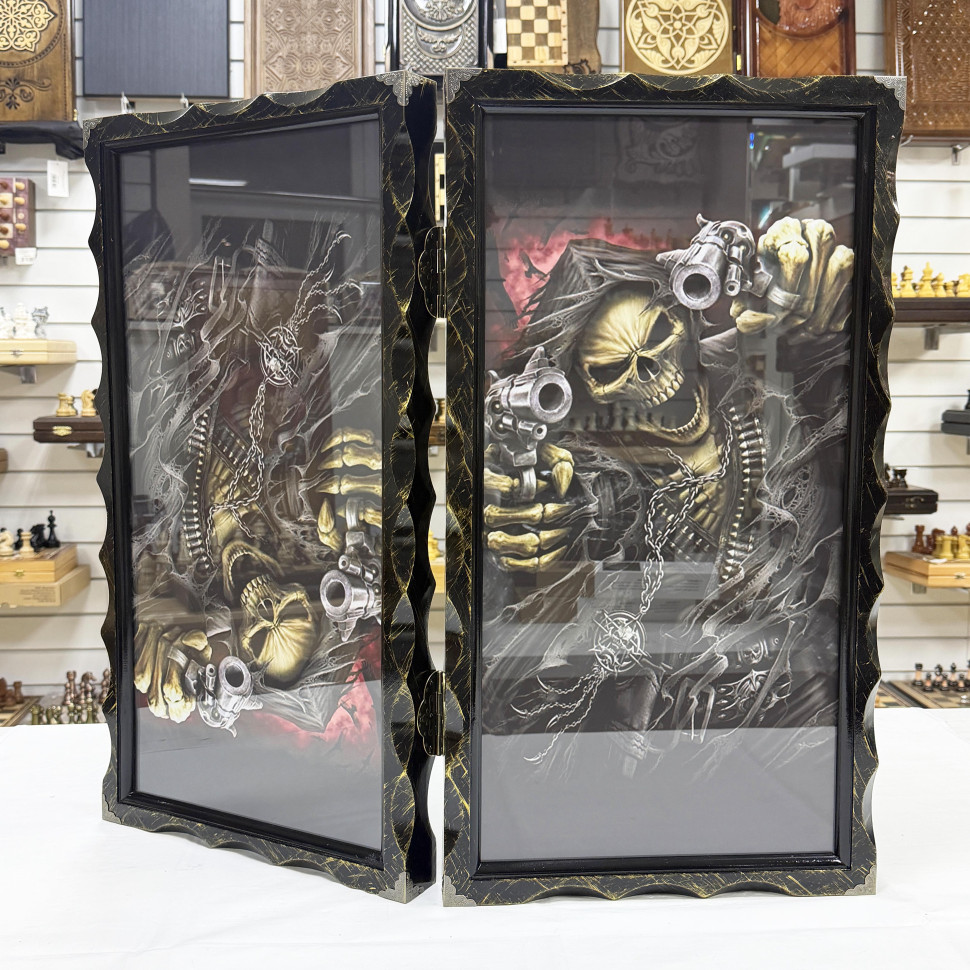 Нарды стеклянные подарочные Скелет и карты 63 см с чехлом фото 1 — hichess.ru - шахматы, нарды, настольные игры
