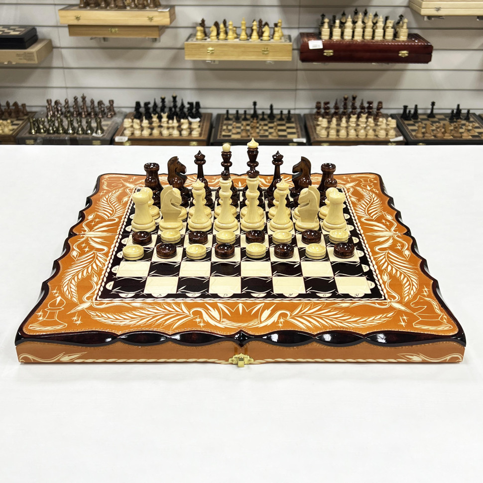 Набор 3 в 1 шахматы нарды шашки резной Герб оранжевый 50 см фото 1 — hichess.ru - шахматы, нарды, настольные игры
