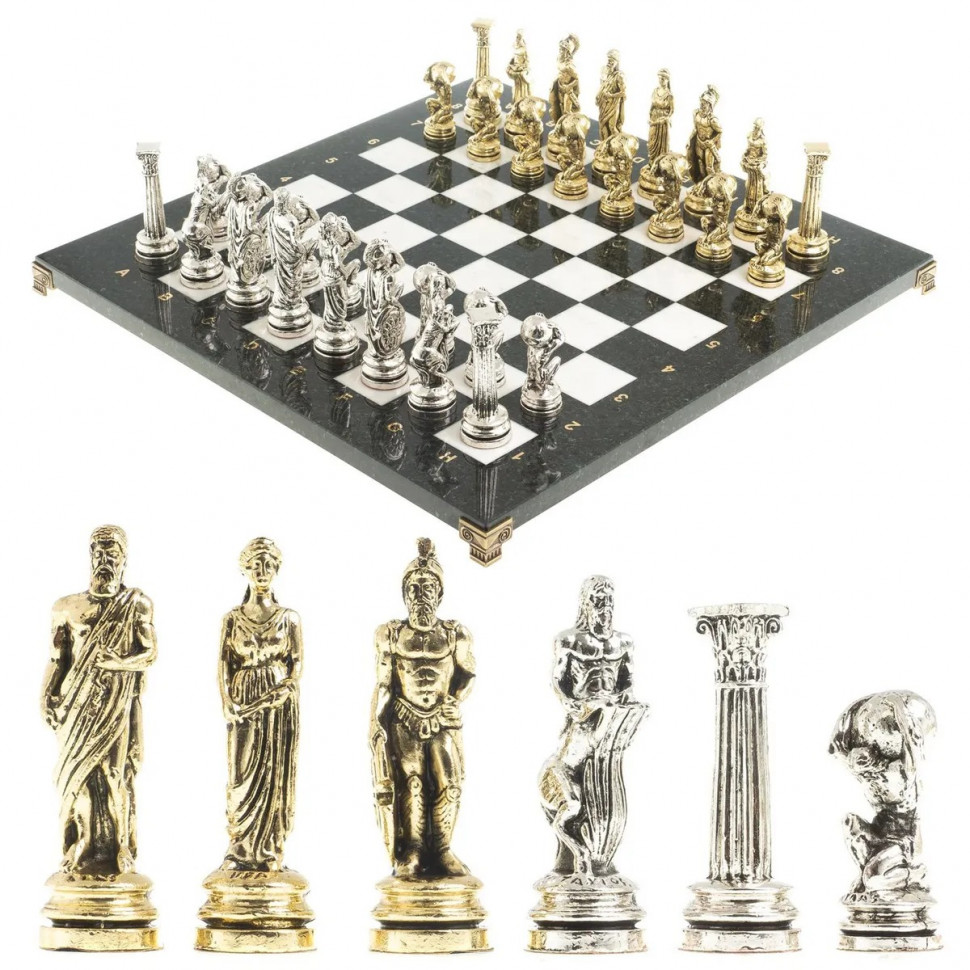 Шахматы каменные с металлическими фигурами Атлант большие мрамор змеевик фото 1 — hichess.ru - шахматы, нарды, настольные игры