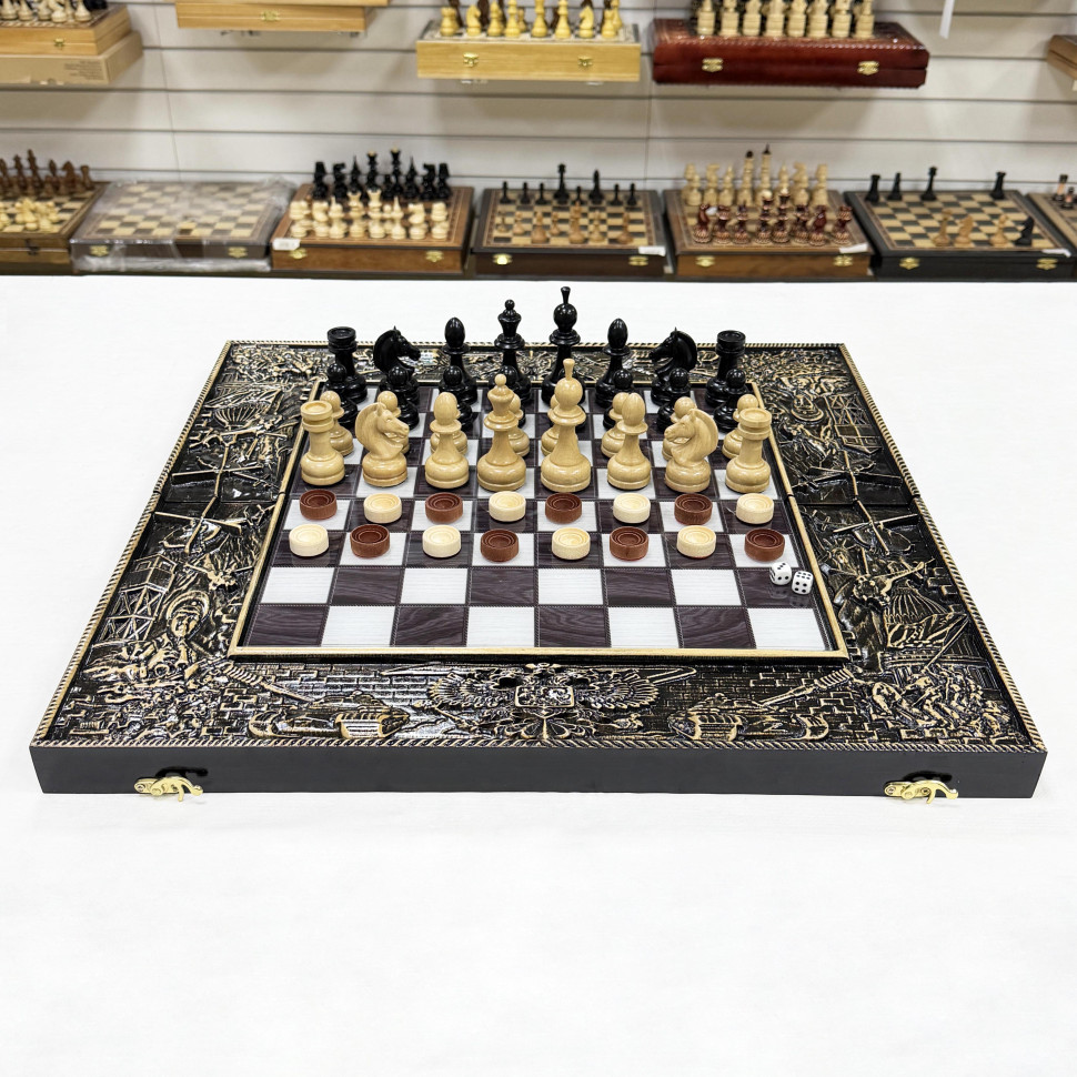 Набор 3 в 1 шахматы нарды шашки Победа деревянные со стеклянным полем фото 1 — hichess.ru - шахматы, нарды, настольные игры