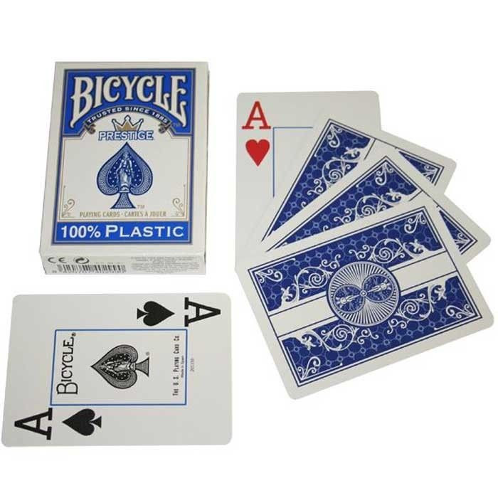 Игральные карты Bicycle "Prestige" 100% Пластик (синяя рубашка) 54 листа фото 1 — hichess.ru - шахматы, нарды, настольные игры