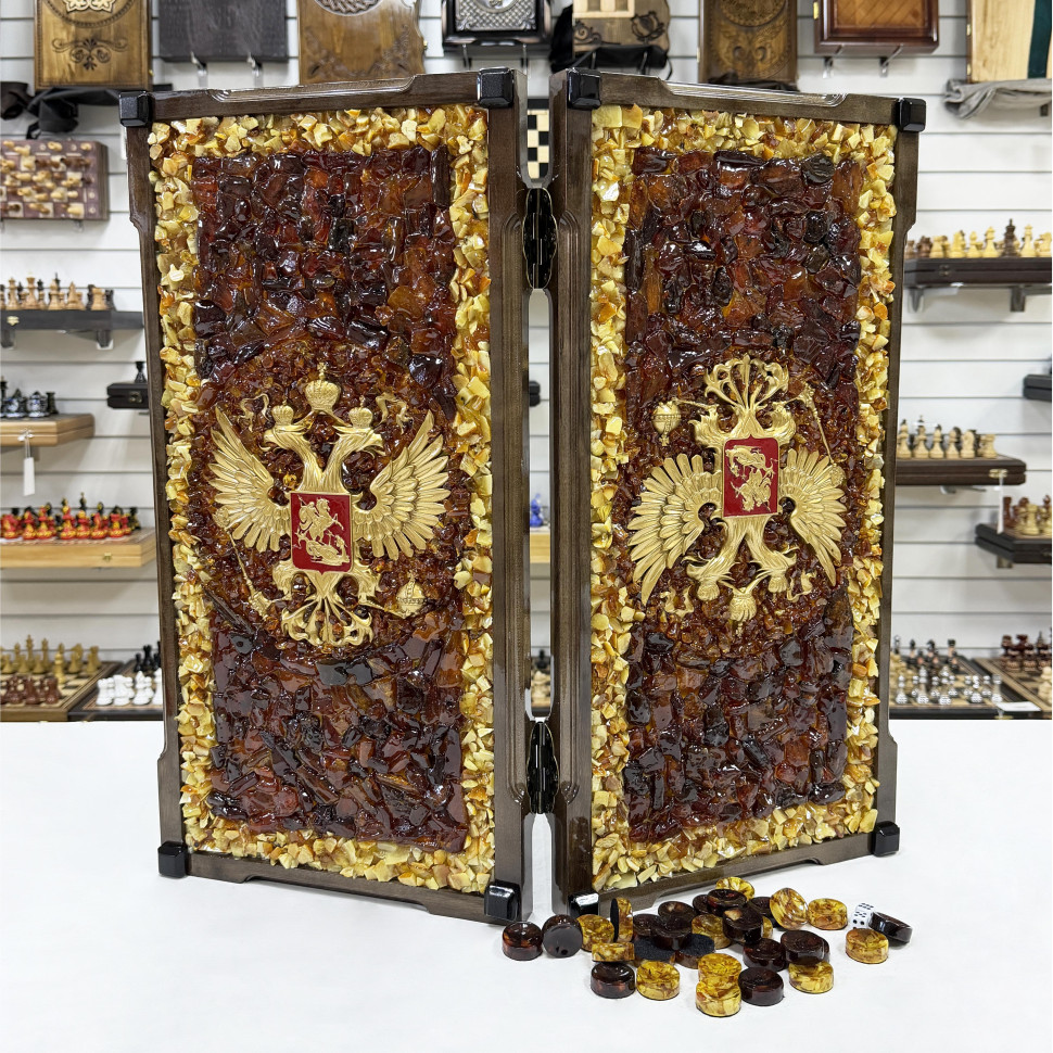 Нарды из янтаря Герб РФ эксклюзивные большие 60 см фото 1 &mdash; hichess.ru - шахматы, нарды, настольные игры