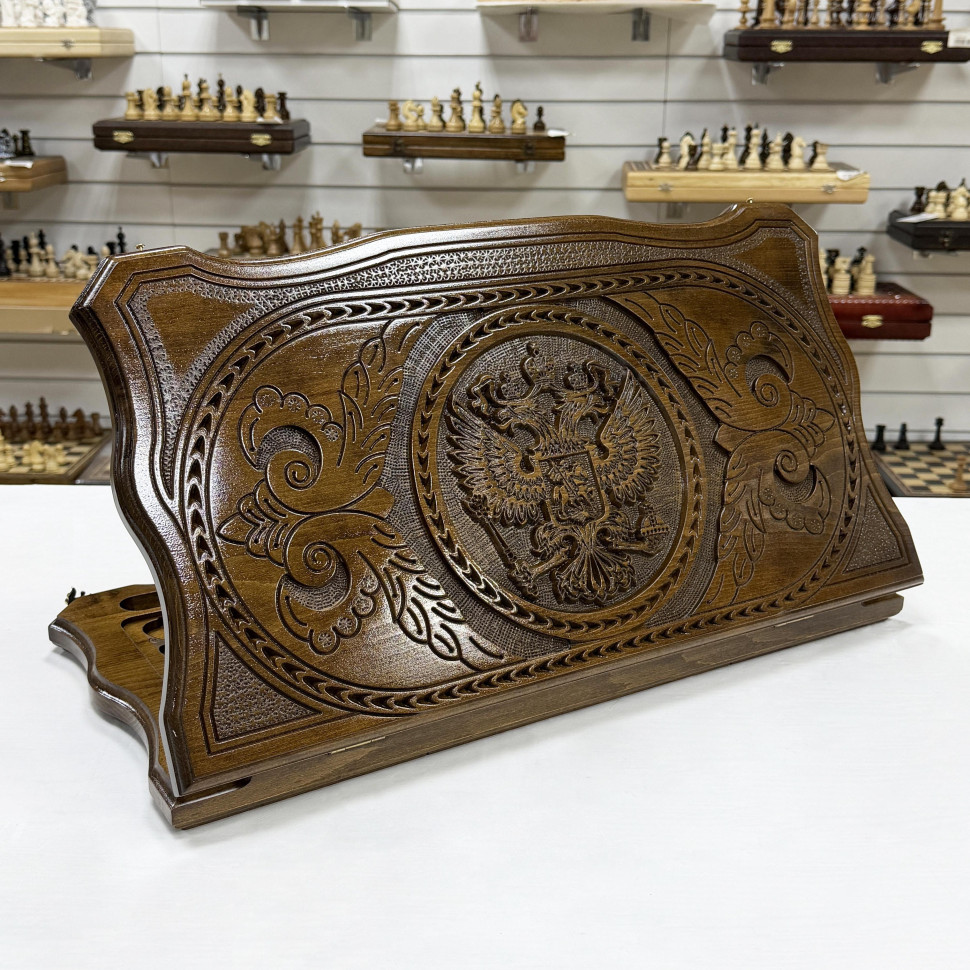 Нарды резные из массива бука Герб узорные 60 см фото 1 — hichess.ru - шахматы, нарды, настольные игры