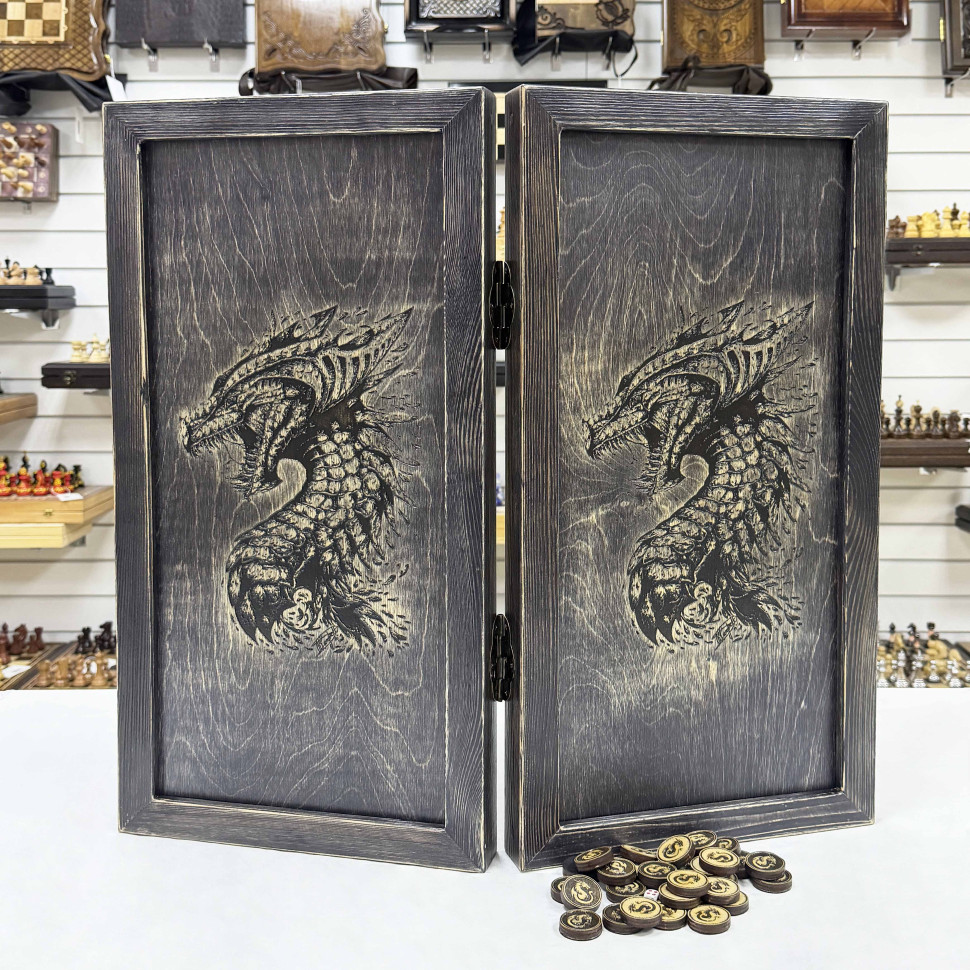 Нарды деревянные брашированные Дракон 60 см фото 1 &mdash; hichess.ru - шахматы, нарды, настольные игры