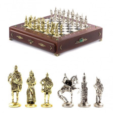 Шахматы металлические Воины с каменным полем на деревянном ларце — hichess.ru - шахматы, нарды, настольные игры