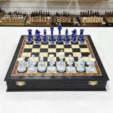 Шахматный ларец подарочный эксклюзивный мореный дуб Гжель — hichess.ru - шахматы, нарды, настольные игры