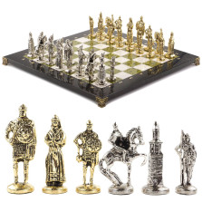 Шахматы из камня с металлическими фигурами &quot;Русь&quot; доска 40х40 см мрамор и змеевик 120699 — hichess.ru - шахматы, нарды, настольные игры