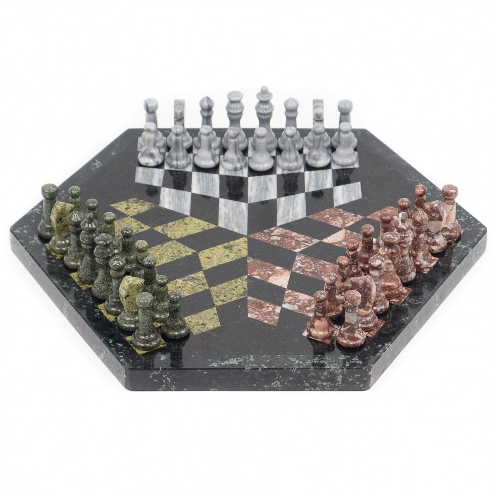 Подарочные шахматы "На троих" из камня 44х44 см фото 1 — hichess.ru - шахматы, нарды, настольные игры
