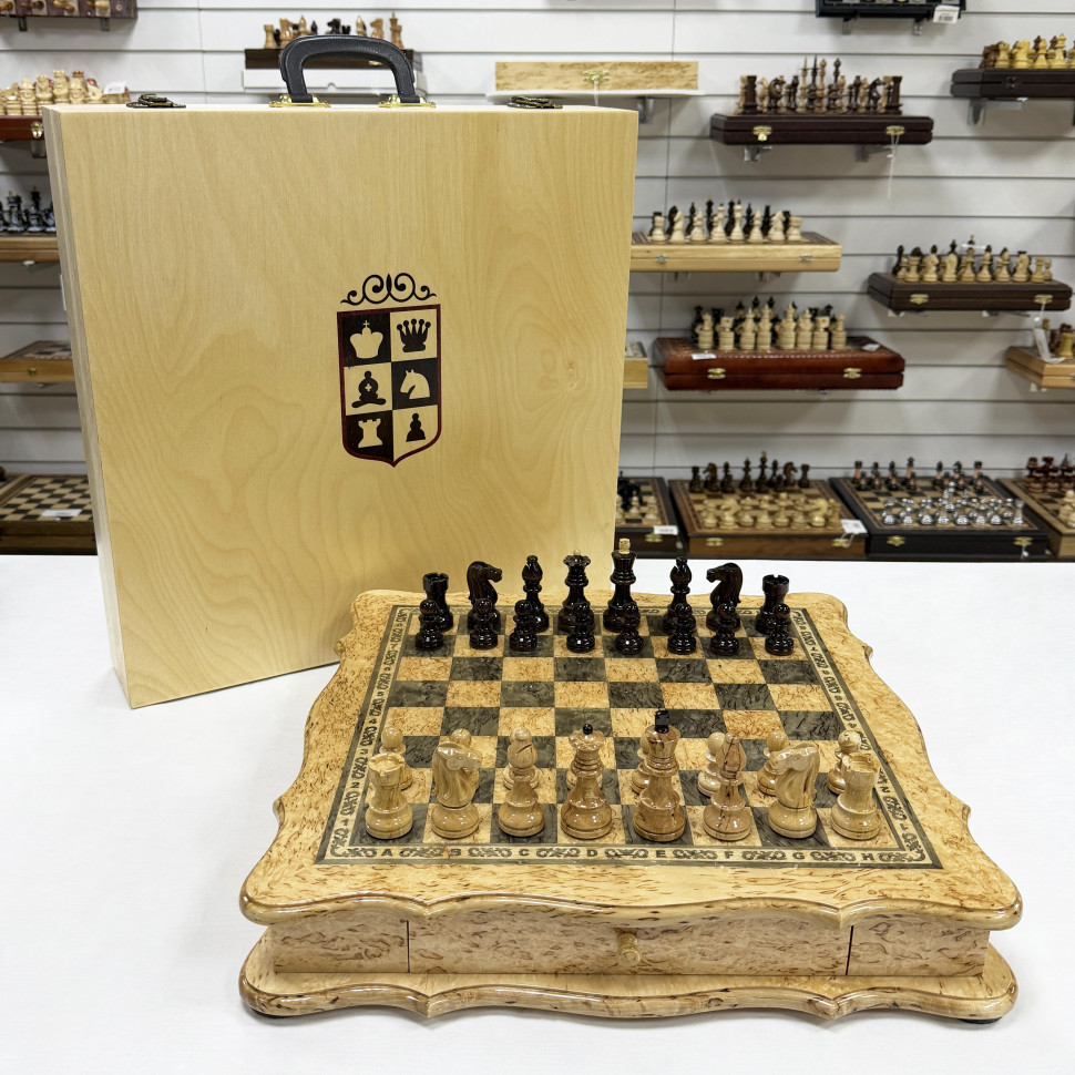 Шахматный ларец подарочный из карельской березы Элит узорный фото 1 &mdash; hichess.ru - шахматы, нарды, настольные игры