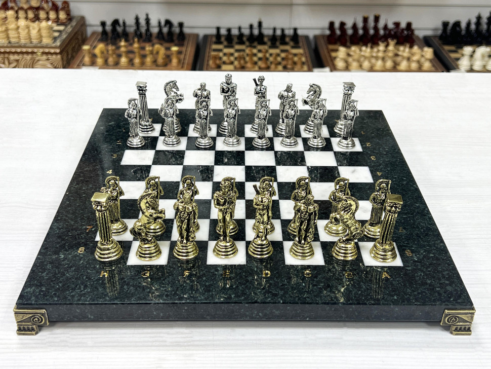 Шахматы каменные Афина мрамор/змеевик 32х32 фото 1 — hichess.ru - шахматы, нарды, настольные игры