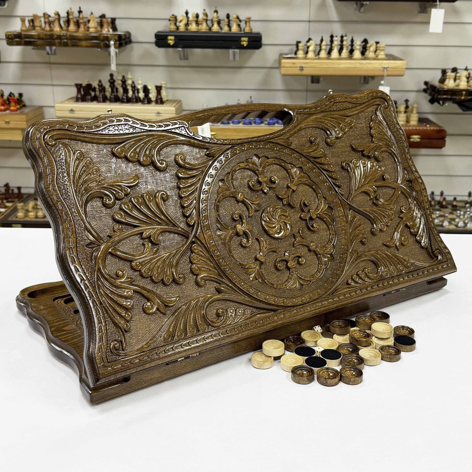 Нарды резные из массива бука с ручкой Восточный цветок 60 см фото 1 &mdash; hichess.ru - шахматы, нарды, настольные игры