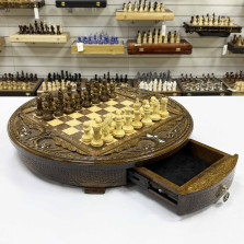 Шахматы деревянные с выдвижным ящиком резные Круг люкс &mdash; hichess.ru - шахматы, нарды, настольные игры