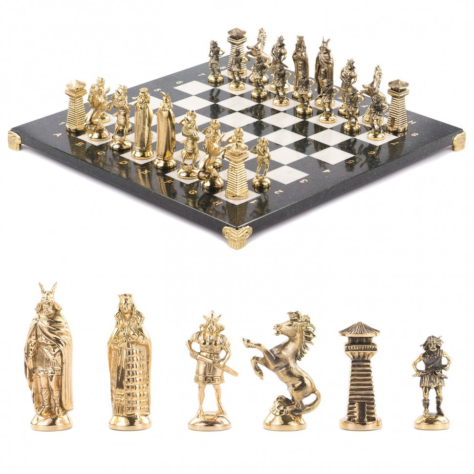 Шахматы "Викинги" бронзовые 40х40 см мрамор змеевик фото 1 — hichess.ru - шахматы, нарды, настольные игры