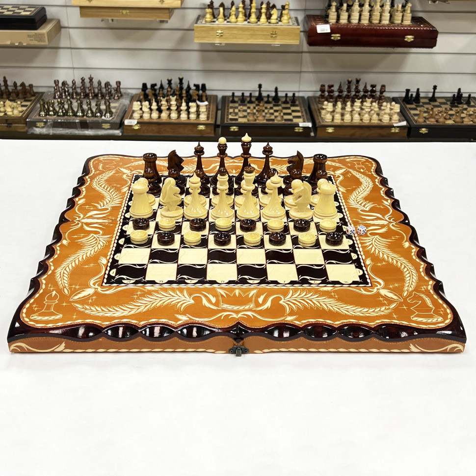 Набор 3 в 1 шахматы нарды шашки резные Оранжевый лев 60 см фото 1 — hichess.ru - шахматы, нарды, настольные игры