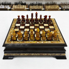 Шахматы из янтаря и ясеня в ларце малые подарочные 34 см &mdash; hichess.ru - шахматы, нарды, настольные игры